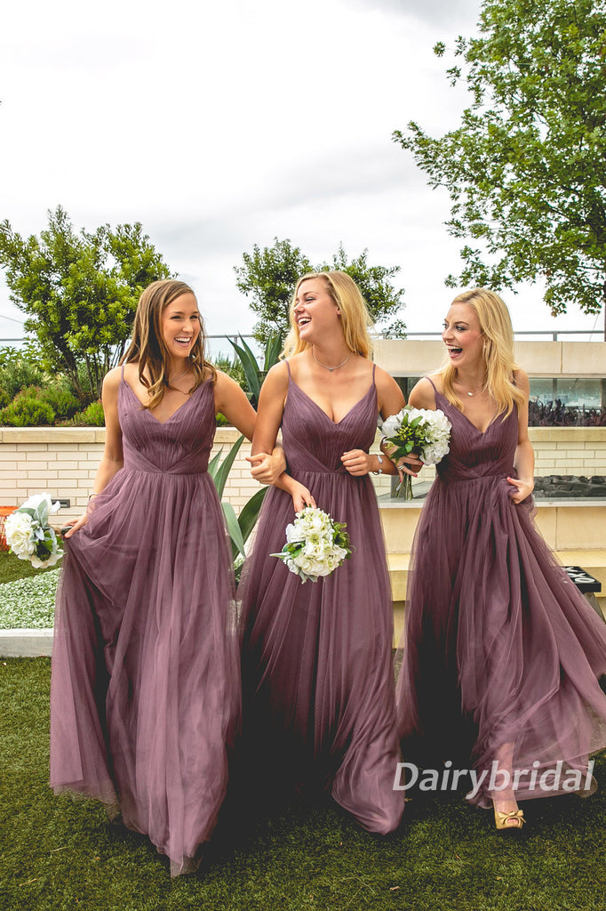 Long Bridesmaid Dress, Tulle Bridesmaid Dress, Spaghetti Straps Bridesmaid Dress, V-Neck Bridesmaid Dress, Cheap Bridesmaid Dress, Floor-Length Bridesmaid Dress, DA853