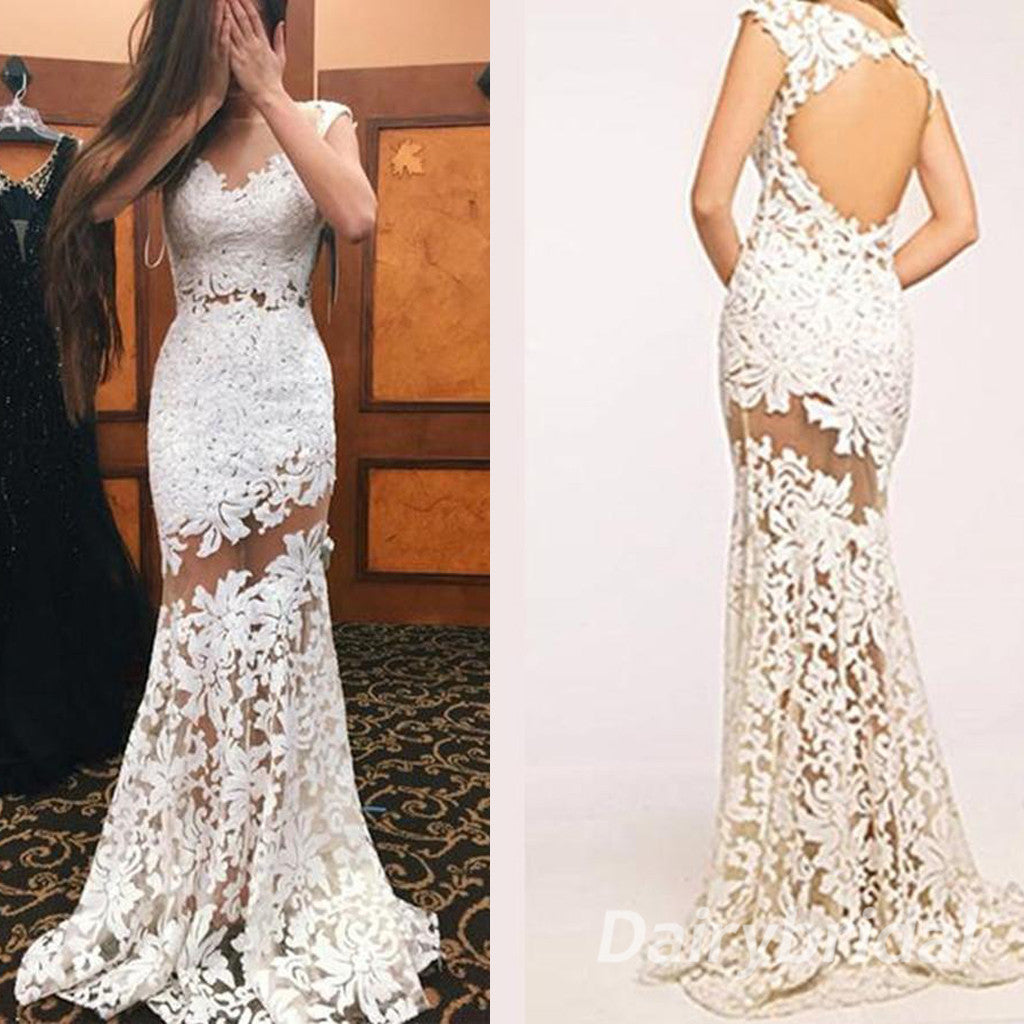 Lace Prom Dress, Mermaid Prom Dress, Tulle Prom Dress, Open-Back Prom Dress, See Through Prom Dress, DA869