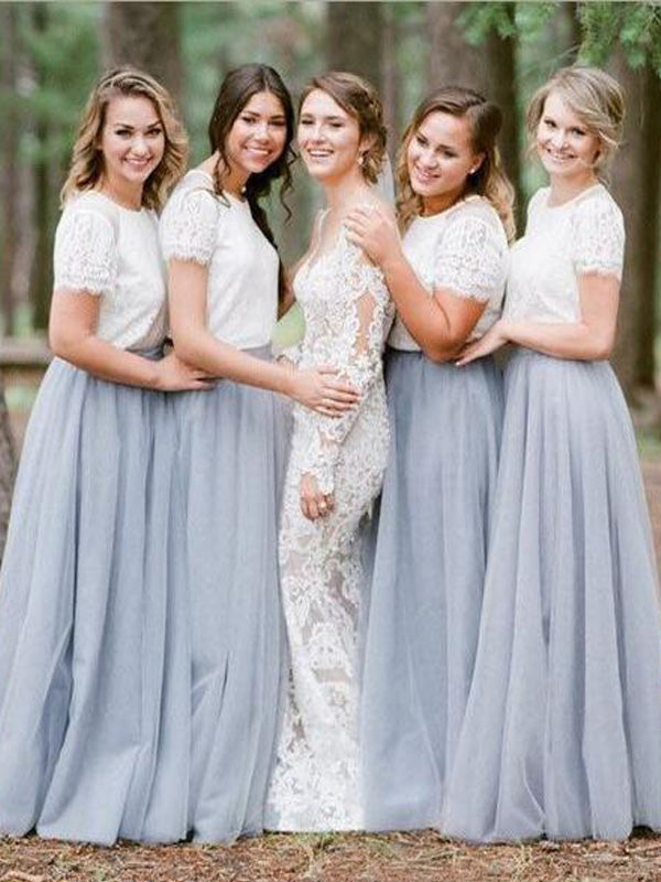 Long A-Line Tulle Bridesmaid Dress, Cheap Short Sleeve Bridesmaid Dress, D946