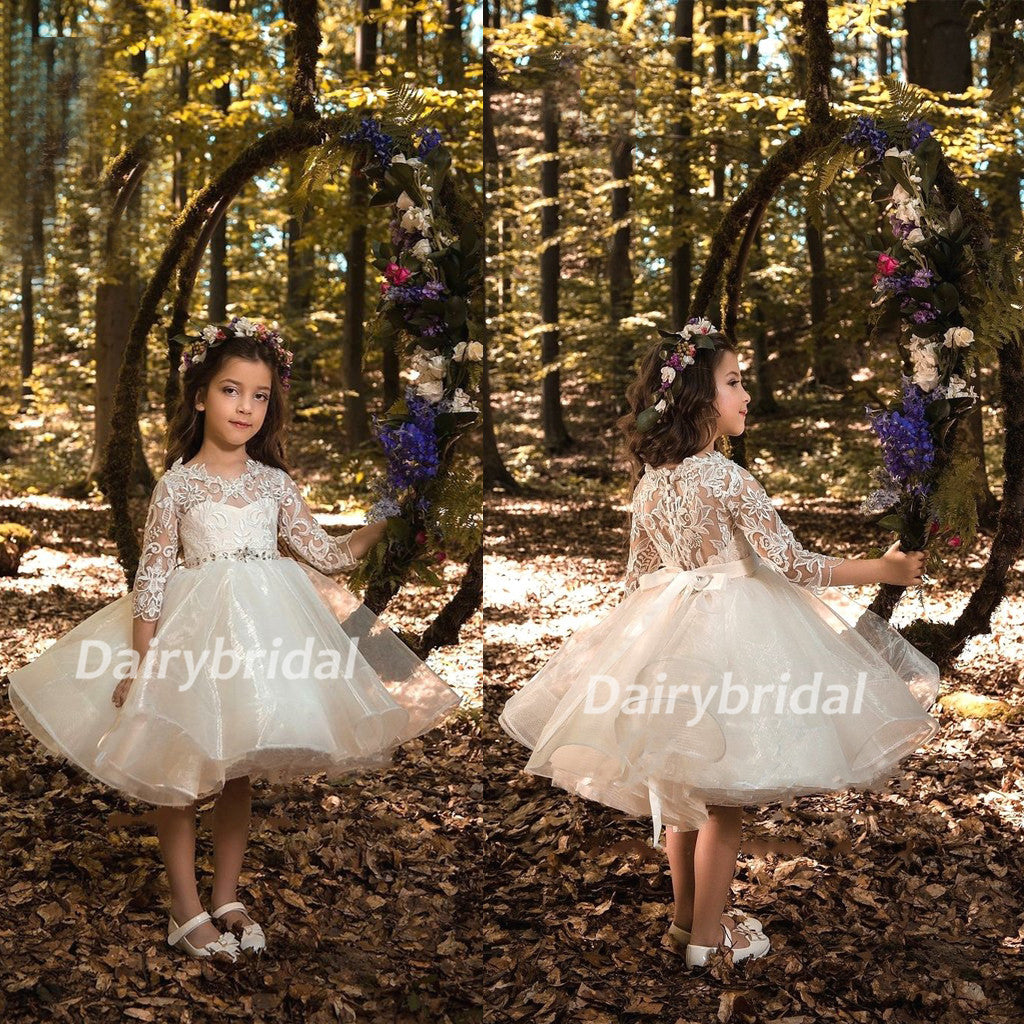 Long Sleeve Organza Lace Pixie Tutu Dresses, Cheap Flower Girl Dresses, D95