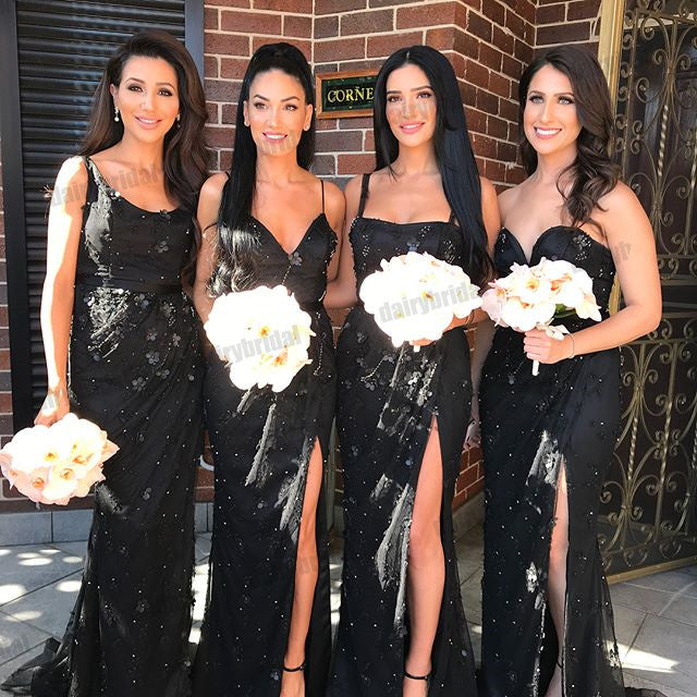 Mismatched Black Mermaid Sexy Slit Beaded Floor-Length Bridesmaid Dresses, D1353