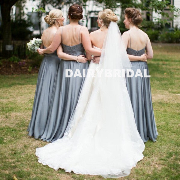 Simple Lace Top Floor-Length Bridesmaid Dress, Cheap Soft Satin Backless Bridesmaid Dress, D914