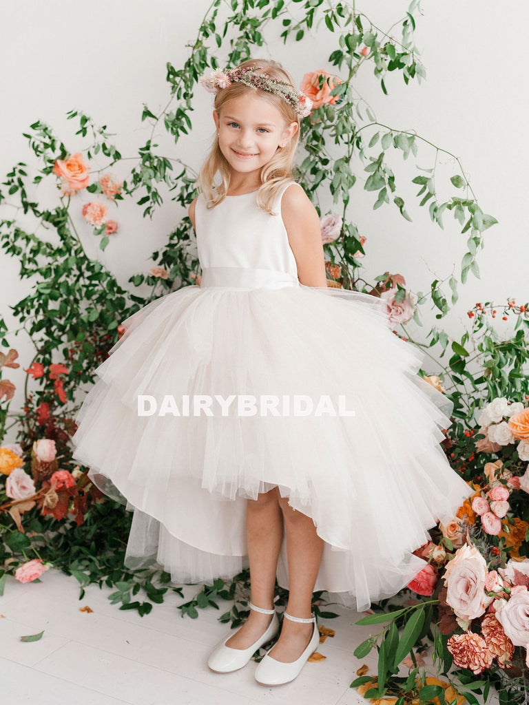 White High-Low Tulle Flower Girl Dresses, Satin Lovely Tutu Dresses,  D1001