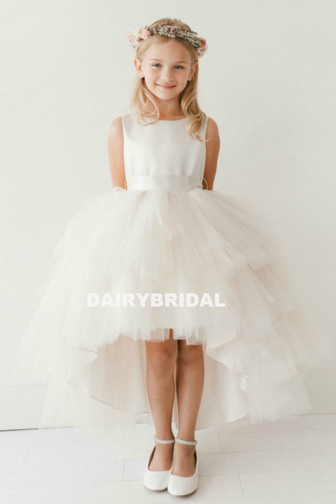 White High-Low Tulle Flower Girl Dresses, Satin Lovely Tutu Dresses,  D1001