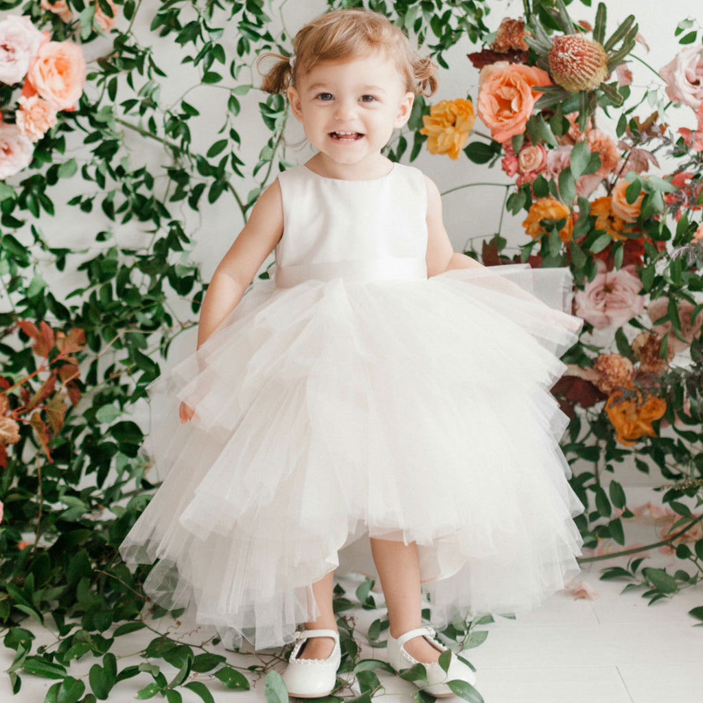 White High-Low Tulle Flower Girl Dresses, Satin Lovely Tutu Dresses,  D1001