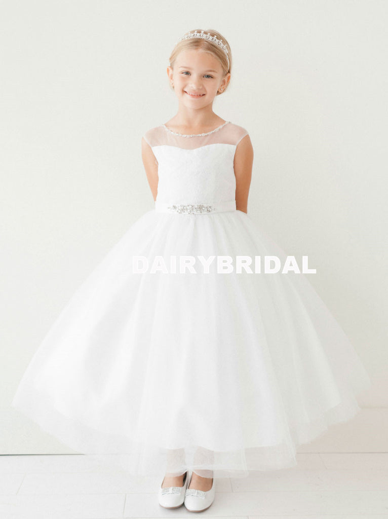 Lace Top Tulle Flower Girl Dresses, Popular Little Girl Dresses with Beaded Belt, D1147