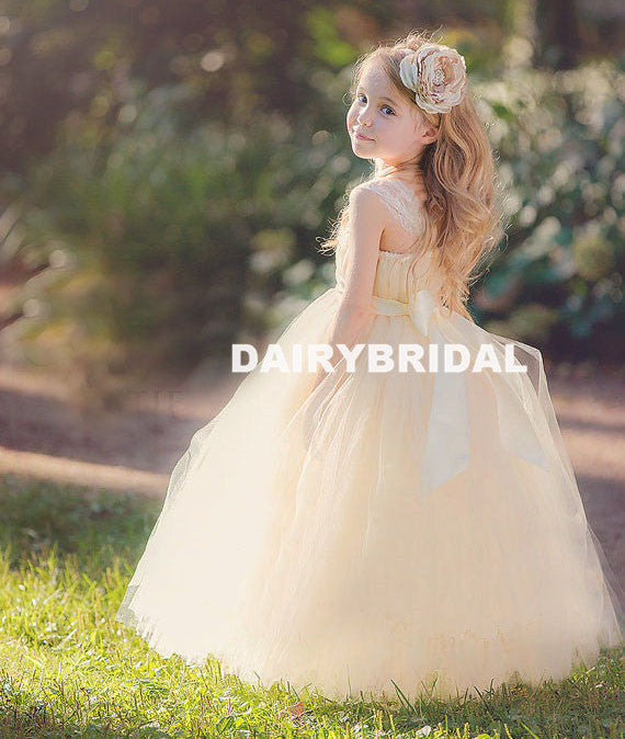 Straight Neckline Tulle Flower Girl Dresses with Handmade Flower, Flower Lovely Little Girl Dresses, D1148