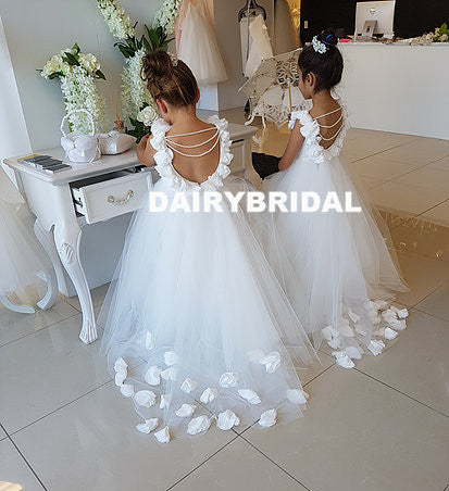 White Backless Applique Flower Girl Dresses, Tulle Lovely Little Girl Dresses, D1197