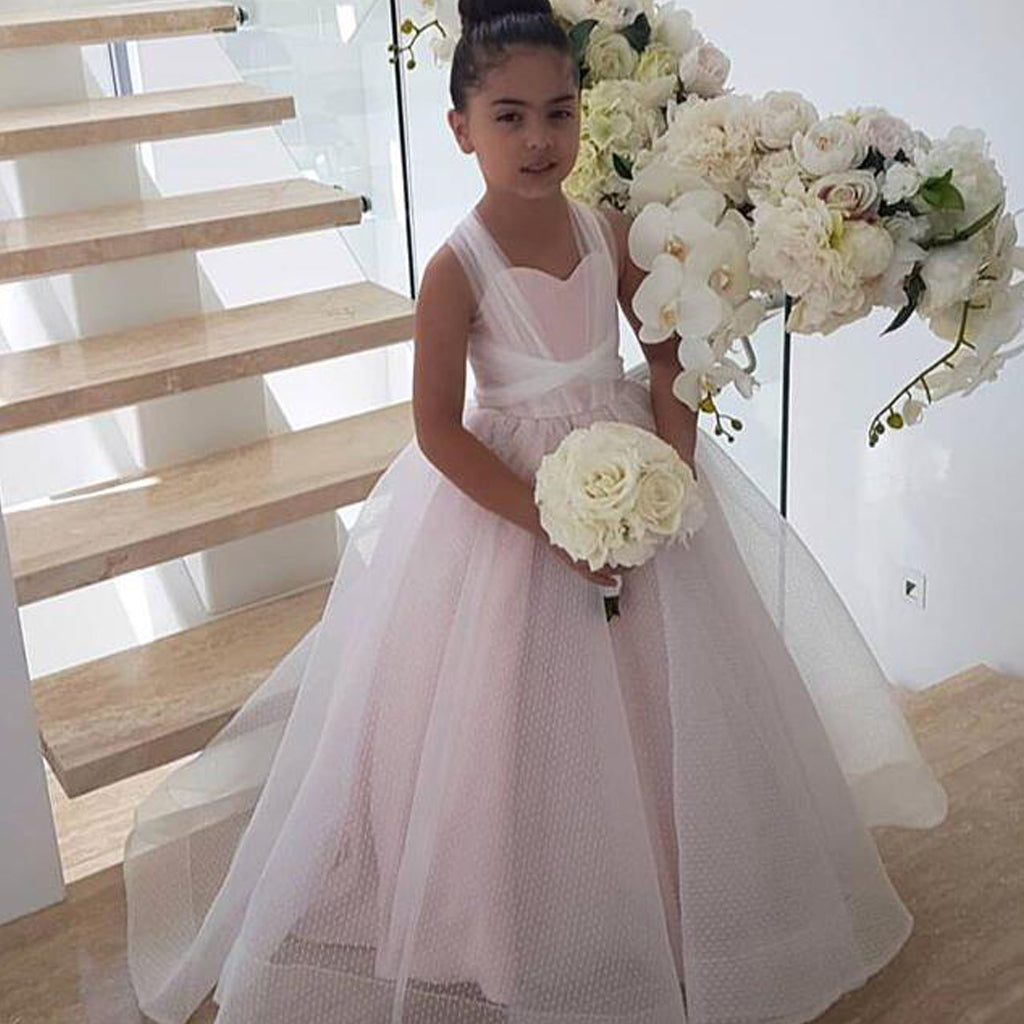 Pink Organza Tulle A-Line Flower Girl Dresses, Lace Up Lovely Little Girl Dresses, D1198