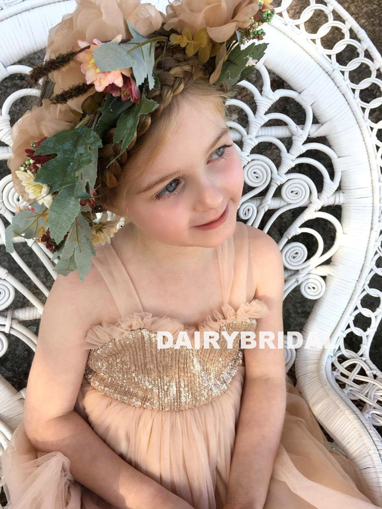 Champagne Tulle Backless Flower Girl Dresses, Sequin Lovely Little Girl Dresses, D1238