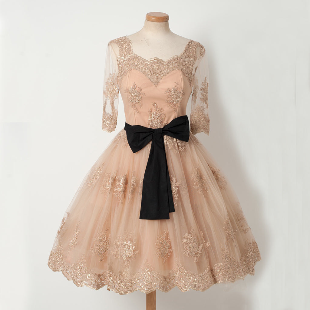 Charming Lace A-Line Homecoming Dress, Short Sleeve Tulle Homecoming Dress, D1320