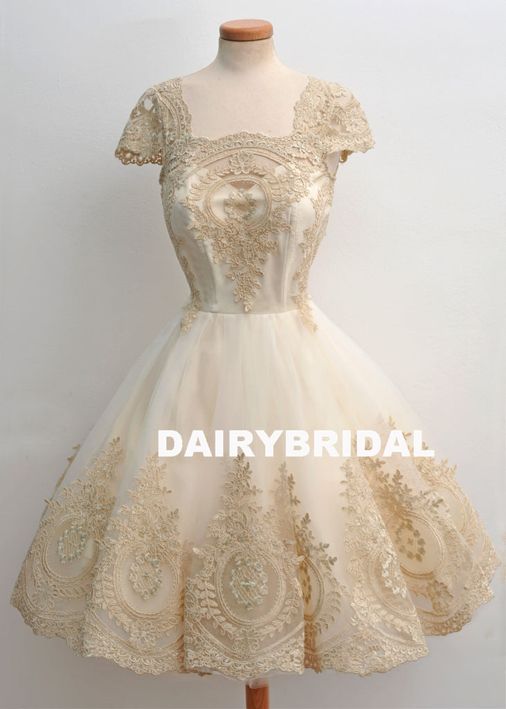 Elegant Lace Cheap Homecoming Dress, Cap Sleeve Tulle A-Line Homecoming Dress, D1322