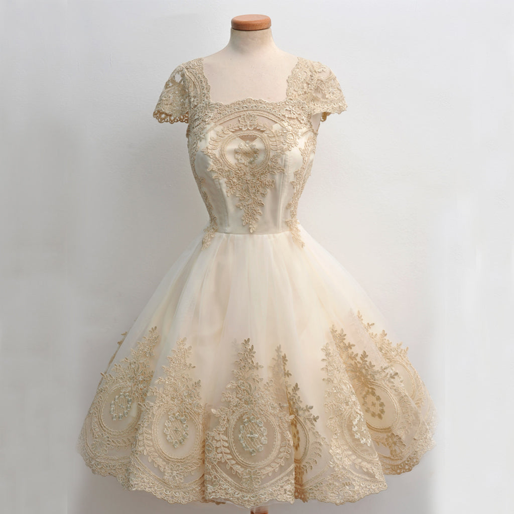 Elegant Lace Cheap Homecoming Dress, Cap Sleeve Tulle A-Line Homecoming Dress, D1322