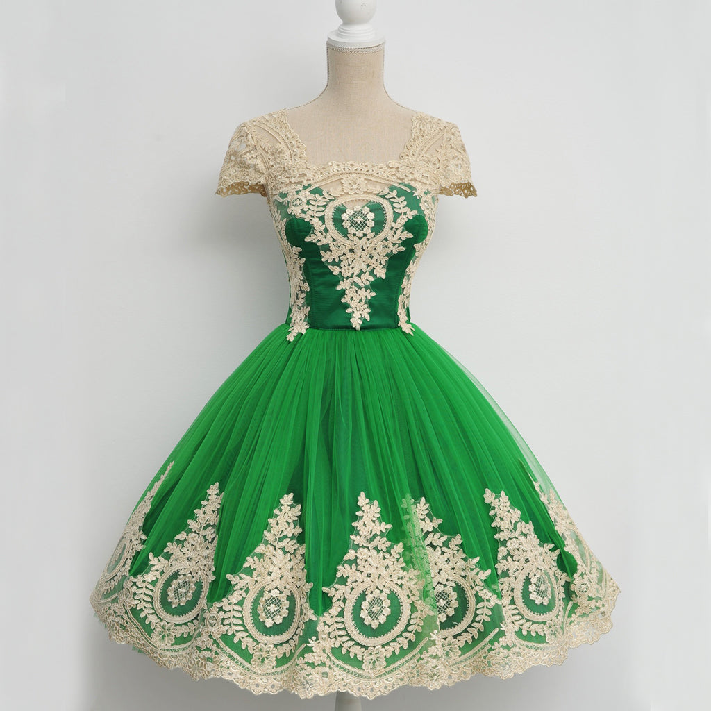 Green Lace Popular Homecoming Dress, Cap Sleeve Tulle A-Line Homecoming Dress, D1324