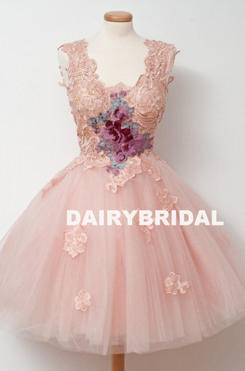 Popular Pink Tulle A-line Homecoming Dress, Applqiue Sleeveless Homecoming Dress, D1367