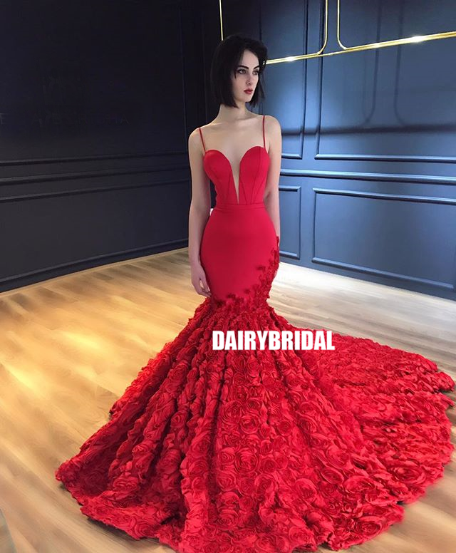 Spaghetti Straps Mermaid Luxury 3D Lace Backless Red Prom Dresses, FC2204