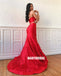 Red Two Pieces Mermaid Satin Backless Applique Prom Dresses, FC2393