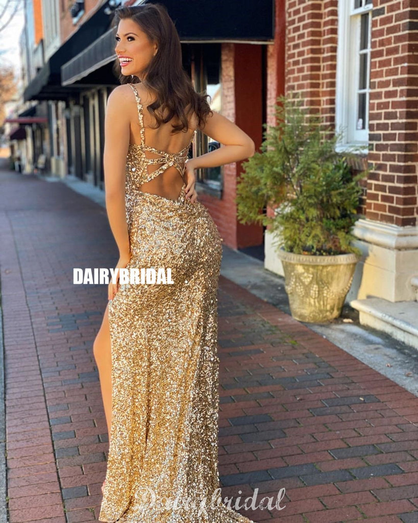 Sparkle Sequin Mermaid Sexy Slit V-neck Prom Dresses, FC4430