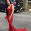 Red Sleeveless V-Neck Sparkle Sequin Mermaid Backless Prom Dresses, D1065