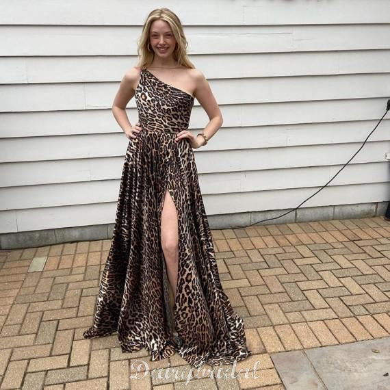 A-line One Shoulder Backless Beaded Slit Leopard Print Unique Prom Dresses, FC4562