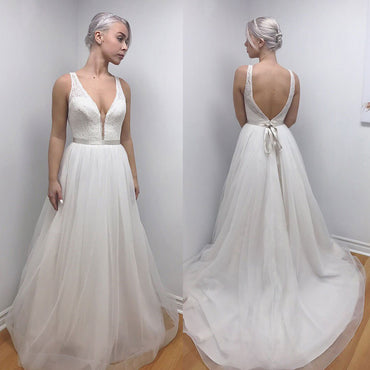 Lace Top Cheap Long Wedding Dress, A-Line Organza Backless Wedding Dress, D1056