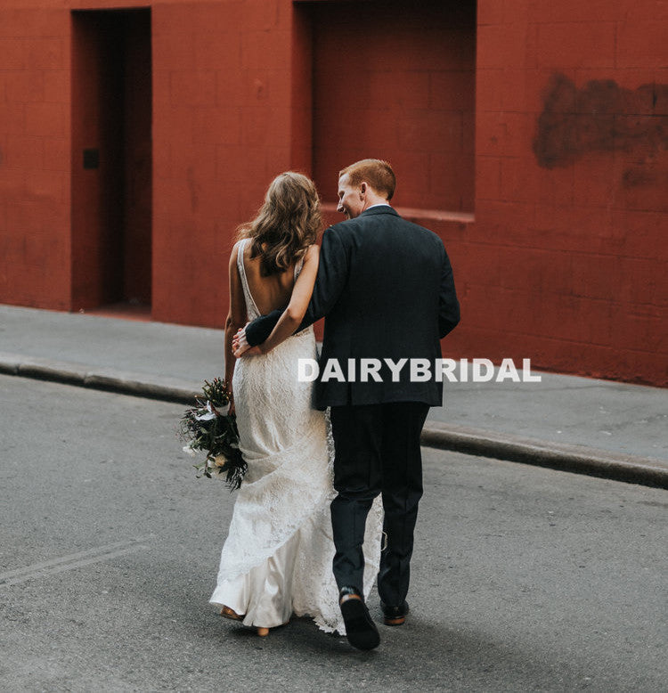 Charming Lace Mermaid Wedding Dress, Sexy V-Back Sleeveless Wedding Dress, D1407