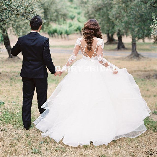 Lace Long Sleeve A-Line Wedding Dress,  Cheap Open-Back Organza Wedding Dress, D948