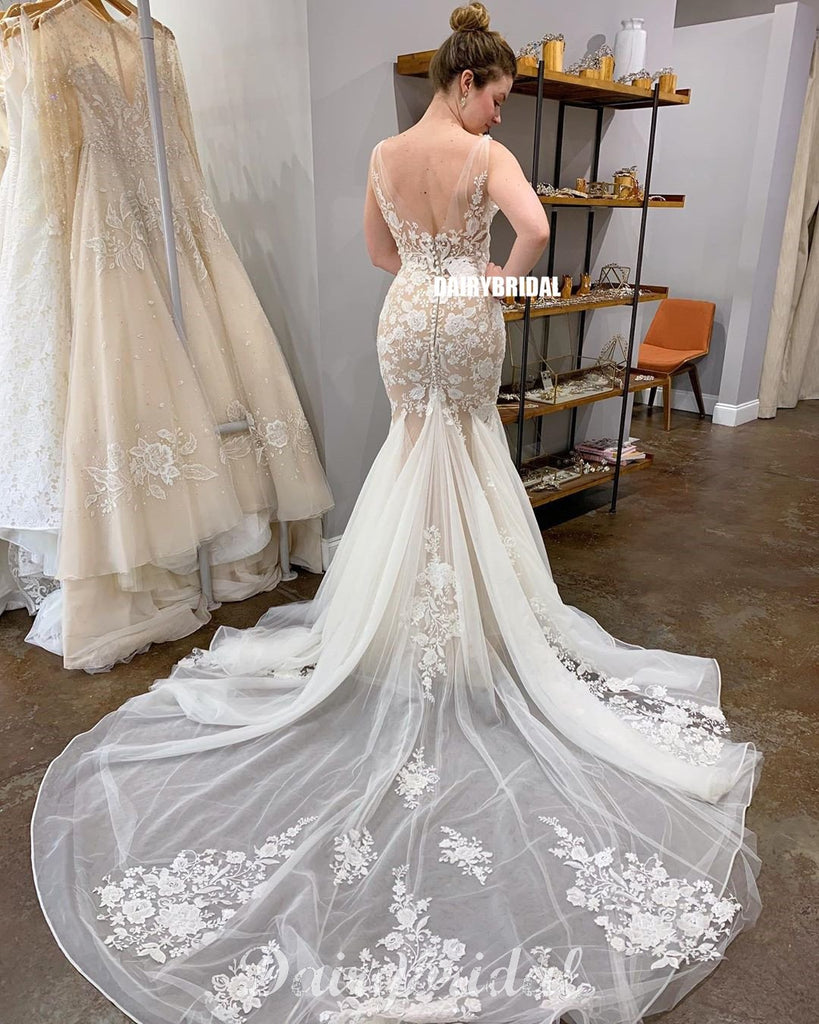 Newest Sexy Mermaid Lace V-neck Backless Tulle Wedding Dress, FC4549